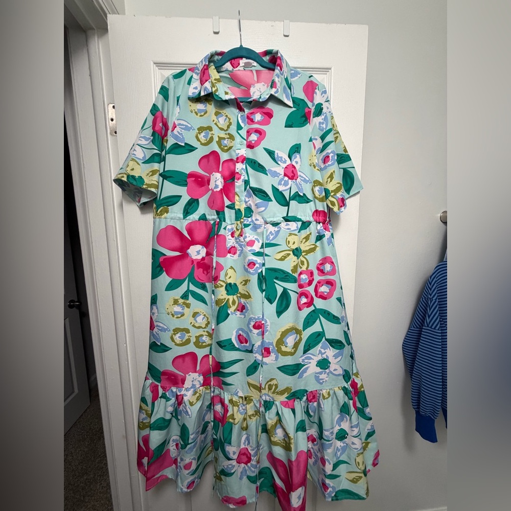 Women’s Floral Tiered Shirt Dress - Mint with Pink Flowers